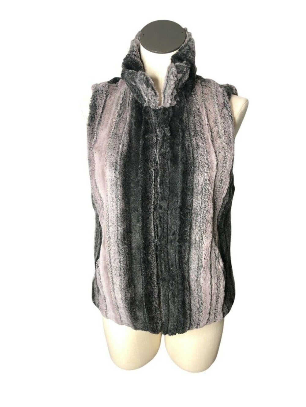 Cejon Faux Fur Vest Womens M Gray Black Hook n Loop High Collar Lined Pockets